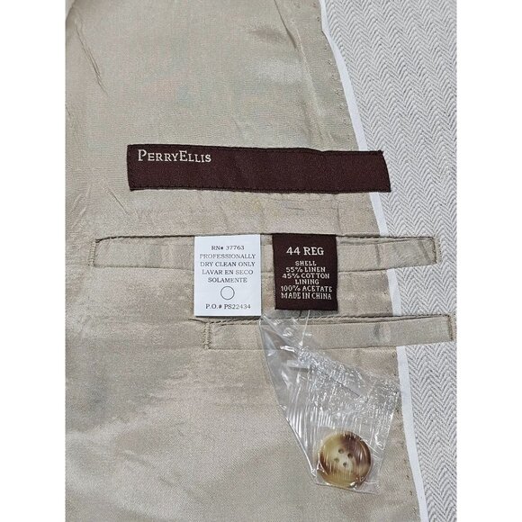 NWT Perry Ellis Men Ivory Herringbone Linen Blend Blazer Tailored Sz 44 Reg 2760 - Picture 9 of 15